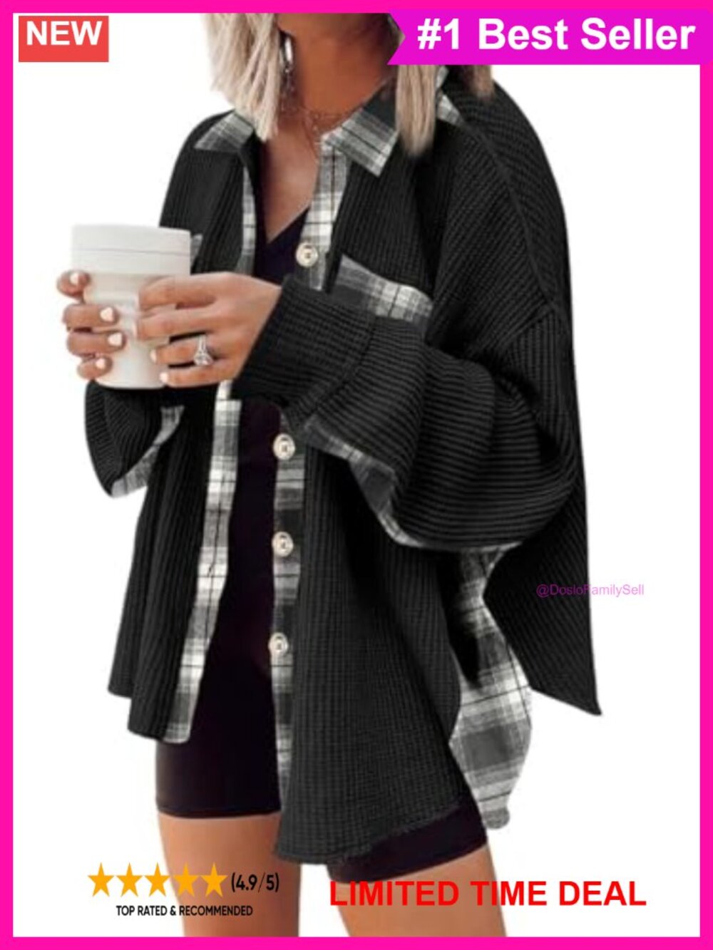 Waffle Knit Plaid Shacket Loose Fit Button Down Long Sleeve Shirt Jacket